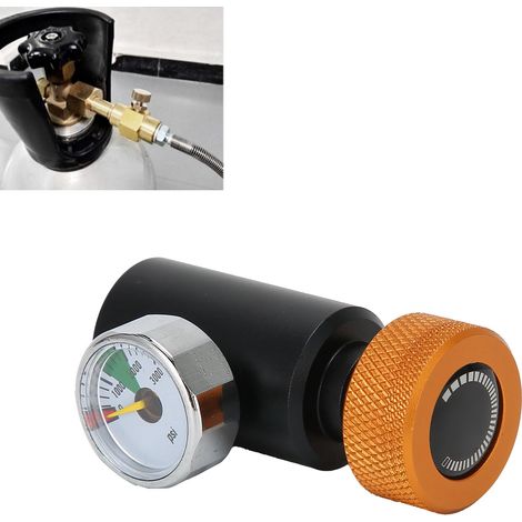 Adaptador de recarga de CO2 con válvula ASA y manómetro de 3000 psi para accesorios de refrescos: adaptador de conexión TR21-4 fabricado en aluminio dorado y negro para botellas de refrescos. (1/5)