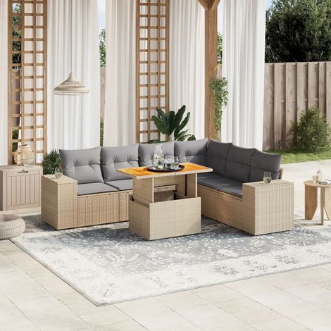 Canapé de jardin 7 pièces en résine tressée beige avec coussins gris – table réglable 100x55 cm, siège modulaire et UV résistant (1/3)