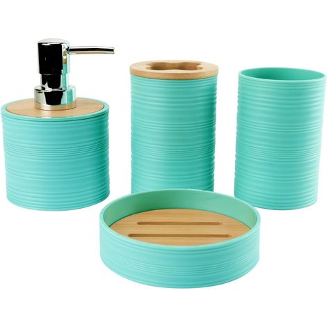 Lot de 4 récipients de salle de bain Ensemble d'accessoires de salle de bain avec distributeur de savon, tasse de salle de bain, porte-savon, porte-brosse à dents et dentifrice (bleu clair) (1/2)