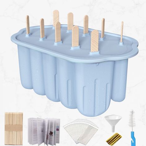Moule à bâtonnets glacés en silicone, moule réutilisable à 10 cavités, sans BPA, démoulage facile, moule DIY avec brosse de nettoyage et couvercle antifuite. (1/5)