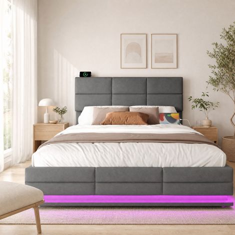 Polsterbett mit Stauraum 140 x 200 cm aus Samt, LED, USB/Type-C, Grau HAVRYA (1/5)