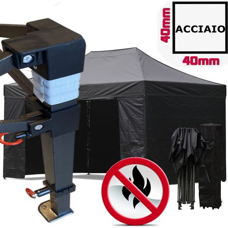 Gazebo 3x4,5m nero certificato IGNIFUGO pieghevole portatile estendibile richiudibile estensibile acciaio con laterali per fiere eventi stand chiosco tenda tendone mercato mercatino