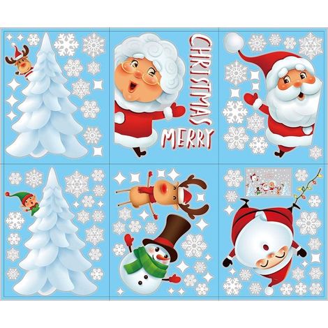 Autocollant Statique Noël - Père Noël Bonhomme De Neige Renne Flocon De Neige - Pour Fenêtre Miroir Porte Vitree Lisse - Lot De 12 (1/5)