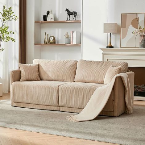 Canapé convertible - SOGEU - Banquette-Lit 2 places - Velours côtelé beige - Mousse mémoire 25 kg/m³ - Cadre métal (1/5)