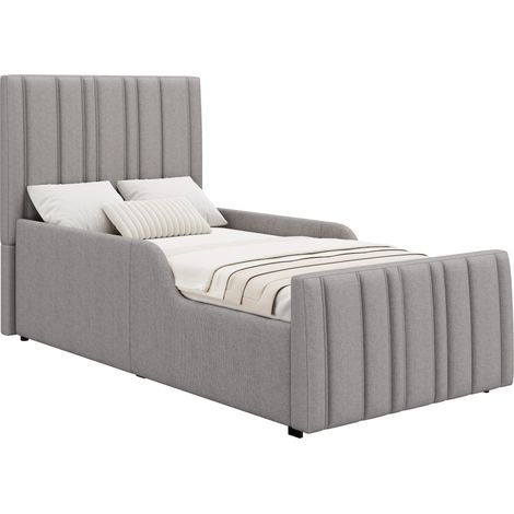 Lit Enfant 90 x 200 cm en Tissu de Lin, Lit Simple avec Coffre Hydraulique et Tête de Lit Rembourrée, sans Matelas, Gris (1/5)