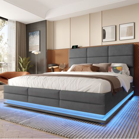 MODFU – Letto matrimoniale 160x200 cm in velluto con contenitore idraulico, LED dimmerabile, USB/Type-C, testiera regolabile e portata 250 kg – Grigio scuro (1/5)