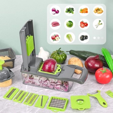 Cortador de verduras multifunción, cortador manual de verduras 16 en 1, cortador de verduras con 8 cuchillas ajustables, cortador de verduras para cebollas, tomates, zanahorias, pepinos /></2>