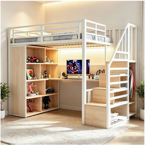 Lit mezzanine - SOGEU - 90x200 - Escalier avec rangements - Bureau avec prises EU - LED multicolore (1/5)