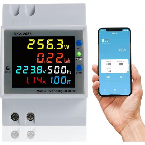WiFi Compteur d'Énergie Monophasé,AC 40-300V 100A Compteur Electrique 1 phasé Wattmètre Rail DIN Mètre Watt KWh Voltmètre Ampèremètre Avec Écran LCD, Adapté aux mesures de puissance (1/5)