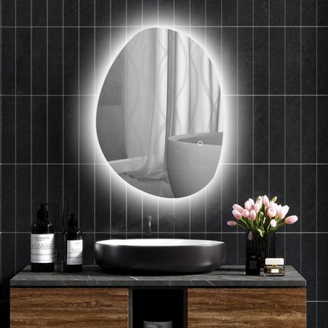 Miroir de Salle de Bain Asymétrique LED 70 x 50 cm - 3 couleurs, anti-buée, montage mural avec interrupteur tactile