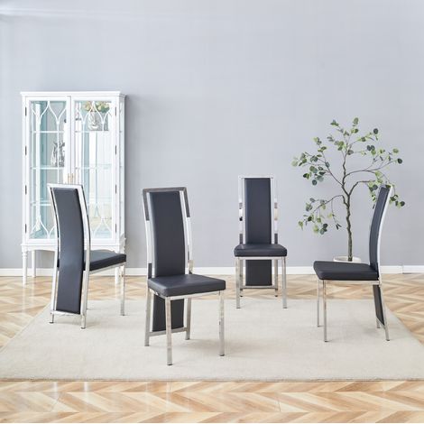 4 sedie da pranzo moderne in PU nero con struttura metallica argentata, 109 cm, OKWISH (1/5)