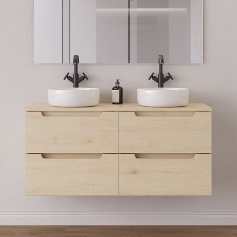 Meuble de salle de bain 140cm avec plateau et 2 vasques à poser rondes - 4 tiroirs - sans miroir - roble calima (bois clair) - SONRIZA (1/5)