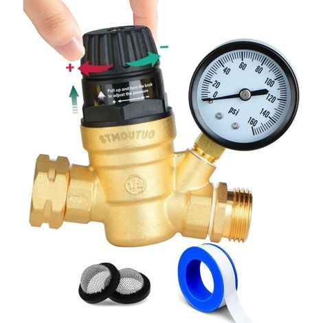 Wasserdruckregler für Wohnmobile. Einstellbarer, bleifreier Messing-Wasserdruckregler mit Manometer (0–160 PSI) und W-förmigem Reduzierventilfilter.