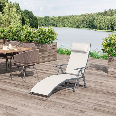 Transat de jardin pliable avec dossier réglable sur 7 positions, coussin et accoudoirs, 137 x 63,5 x 100,5 cm, beige