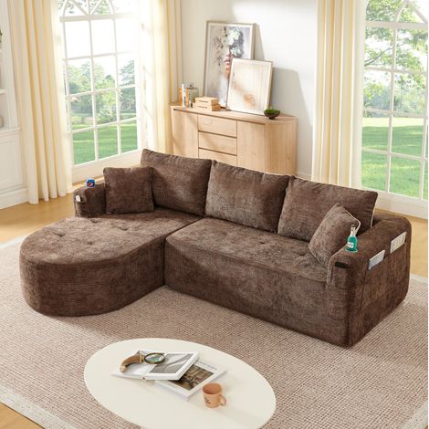 Sofa Ecksofa in L-Form, Stoff in Braun, montagefrei, mit Edelstahl-Becherhalter, Seitentaschen und Kissen (1/5)