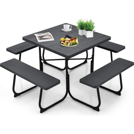 GOPLUS Table de Pique-Nique avec 4 Bancs Intégrés pour 4 à 8 Personnes, Table de Jadin en HDPE avec Trou pour Parasol, Table de Camping Carrée en Plein Air, Cadre en Métal, Capacité de 225KG (Noir) (1/5)