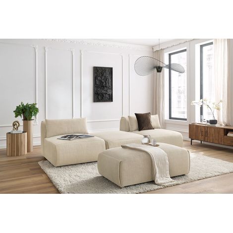 BOBOCHIC - Canapé droit fixe 3 places JEANNE avec pouf tissu velours   Beige (1/5)