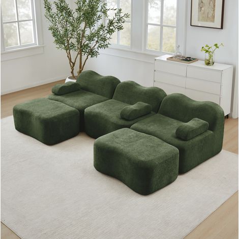 Sofá modular en U de terciopelo verde con 2 otomanas, asiento profundo y apoyabrazos móvil (1/5)