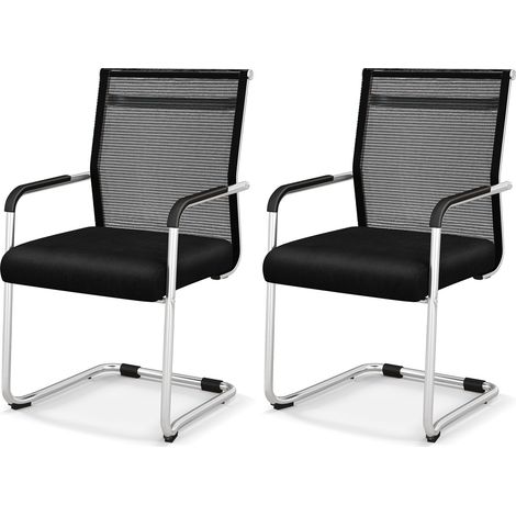 Lot de 2 chaises visiteur de bureau noires avec dossier en maille, assise rembourrée et piètement luge en métal pour bureau (1/5)