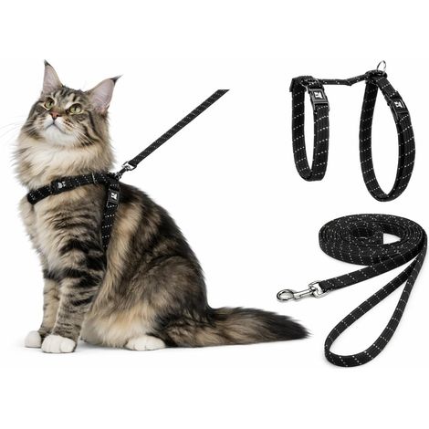 1 - Harnais pour Chat - Laisse Nylon Réglable - Élément Réfléchissant - Pour Grand Chat - Noir - 22x32cm - 35x56cm