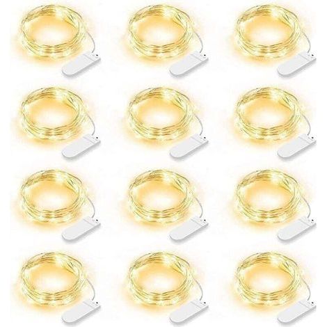 Set di 12 luci a stringa LED, alimentate a batteria, 2 m, 20 LED, luci a stringa fatate IP65, impermeabili, decorazione LED per camera da letto, Natale, matrimonio, festa, giardino, bianco caldo (bian (1/4)