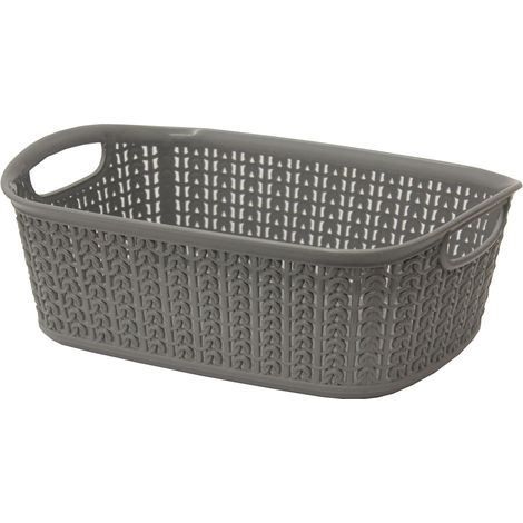 Knit Design Loop Plastic Rectangular Small Storage Basket with Handles, Grey (1/3)