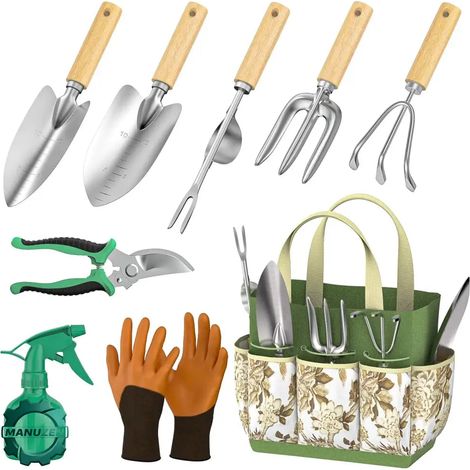 Manuzen - Kit d’outils de jardinage 9 pièces – acier inox et bois — Vert (1/2)