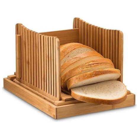 Bamboo bread slicer for homemade bread, adjustable cutting width, foldable with sturdy bamboo cutting board, cuts bagels or even slices of bread
