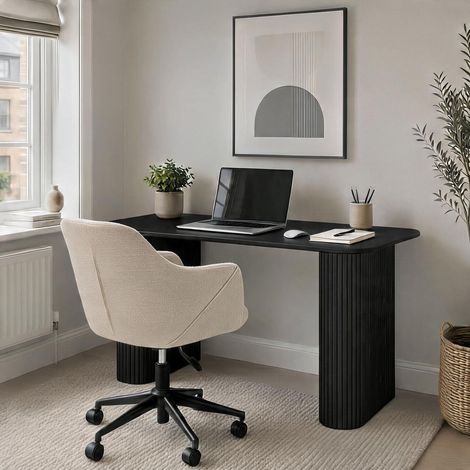 Monroe Black Desk & Lumera Chenille Fabric Beige Office Chair Set (1/5)
