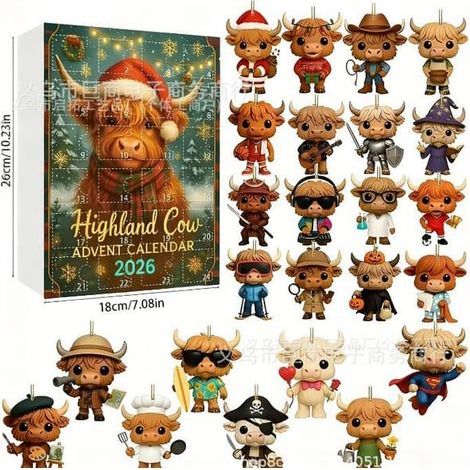 Havsglas Tomte Calendrier de l'Avent 2026 – Liten Tomte Julnedräkning Bovins des Highlands D (1/5)