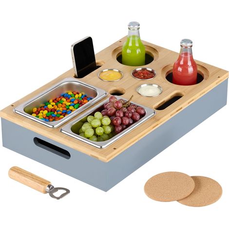 Relaxdays Couchbar, Bambus, 2 Snackschalen, 3 Dipschalen, Edelstahl, Getränke- & Weinglashalter, Sofabar, grau/natur (1/5)