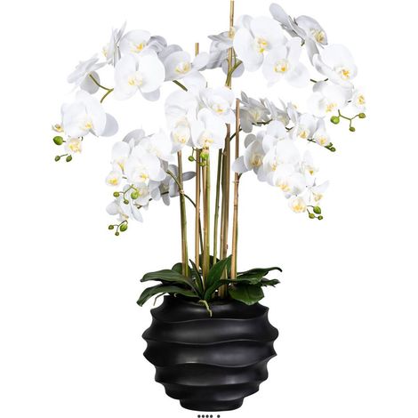 Orchidée factice 7hampes vase résine noir H105cmD75cm touché réelCrème - couleur: Crème