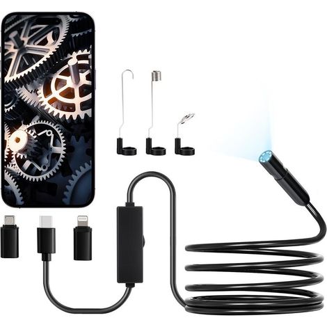 Inspection Précise dans Espaces Étroits Caméra Endoscopique HD Câble 3 m 8 LED IP67 Diagnostic Plomberie Auto iOS Android (1/5)