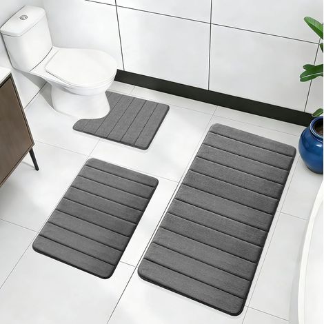 Lot de 3 tapis de salle de bain en mousse à mémoire de forme souple et tapis de WC en forme de U - Antidérapant et lavable - Pour douche, WC et baignoire - U50 x 60 + 40 x 60 + 50 x 80 cm (1/5)