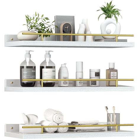 Etagère Murale Bois, Lot de 3 Étagères Salle de Bain, Cuisine, Salon/Bureau, Style Minimaliste, Résistant à l'Humidité, Sécurité Renforcée (1/5)