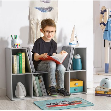 CHICFURN Estantería infantil con banco 103 x 30 x 62 cm gris MDF, 6 compartimentos, 3 cojines (1/5)
