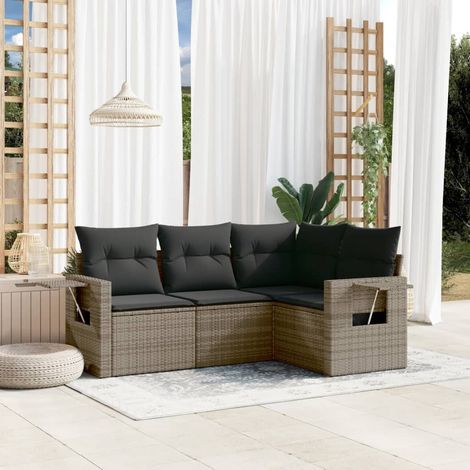 Ensemble de Salon Jardin Modulaire 4 Pièces, Résine Tressée Gris, avec Coussins Détachables et Tables d'Appoint (1/5)