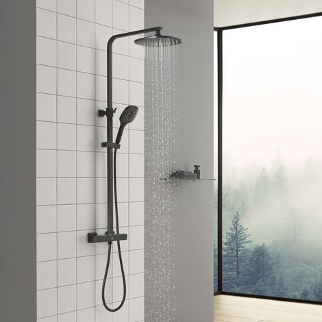 Cecipa Thermostat-Duschsäule 38 °C Schwarz Quadratisches Brauseset, Höhenverstellbar, mit 9,5-Zoll-Edelstahl-Regenduschkopf und 3 Arten von Handbrause (1/5)