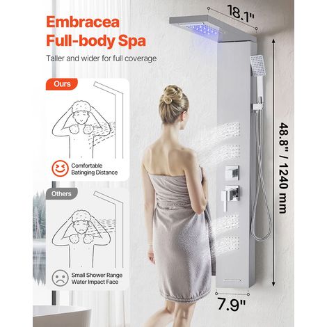 Colonne de douche murale 5 en 1 avec tête pluie et cascade LED, colonne inox brossé 135 cm, mitigeur 5 fonctions, massage pluie, douchette main et bec bain (1/5)