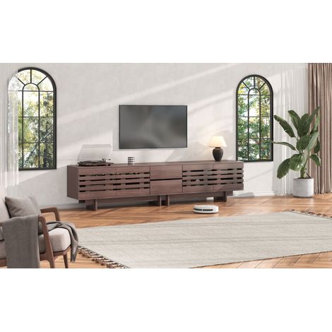 Meuble TV noyer 200 cm en MDF et panneaux de particules avec 4 portes, 2 tiroirs et 6 niches pour salon et chambre (1/5)