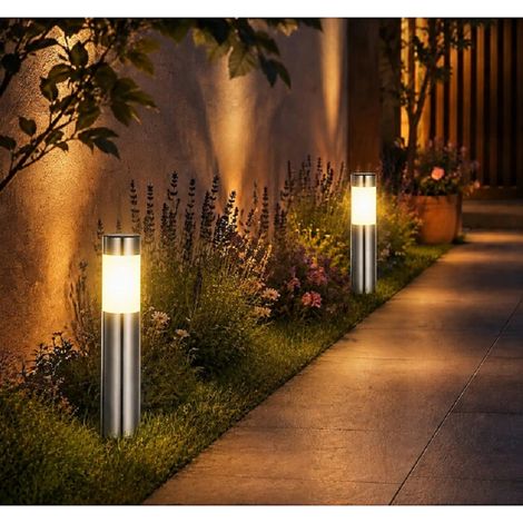Lot de 2 lampes solaires de chemin – Couche en acier inoxydable poli, IP44 étanche – Idéales pour jardin, allée, terrasse et paysagisme – Décoration extérieure élégante-Lumière chaude (1/5)