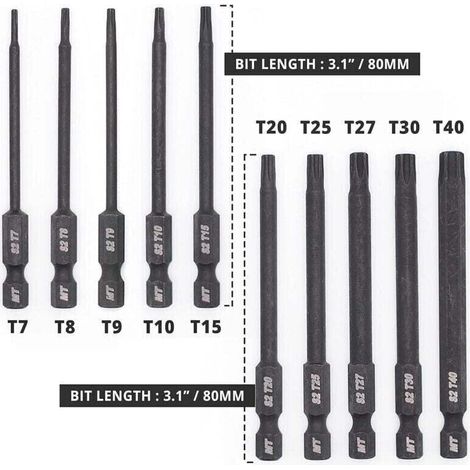 Jeu d\'embouts Torx pour tournevis, perceuses et cls chocs, rsistant la temprature, traitement thermique avanc, revtement phosphat, 8 cm, 10 pices (1/3)