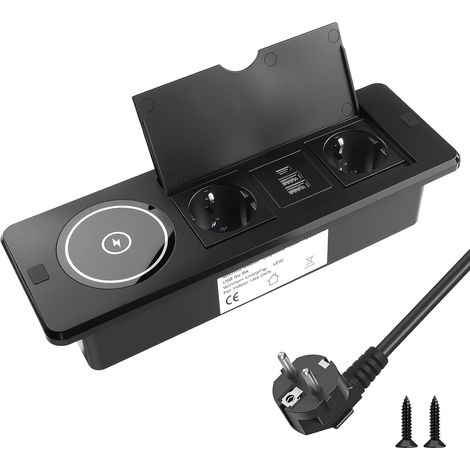 2 Prises de Bureau Encastrable avec Chargeur sans Fil Bloc Multiprise Encastrable avec 2 Ports USB A et 1 USB-C Surface de Charge Qi Couvercle Rabattable (1/5)