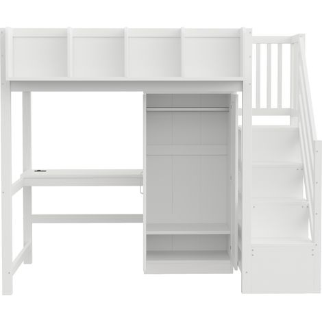 Cama alta 90x200 cm con escritorio, armario, escalera contenedora, LED y enchufes blanca MODENUIT (1/5)