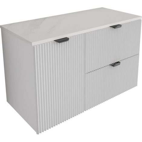 Mobile da bagno con frontale scanalato 100 cm (60+40) con cesto portabiancheria, bianco, con piano in marmo (MDF), con maniglia nera, 100 x 47 x 60 cm (1/5)