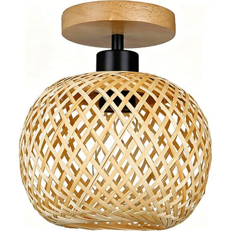 Plafonnier semi-encastré en rotin naturel et bambou, style rustique, pour chambre et couloir