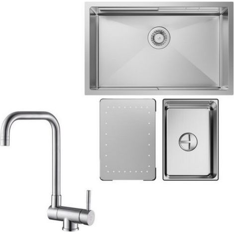 Küchenspüle 1.5 Becken 70x44cm EdelstahlSpüle Gebürstete Unterbauspüle + Fenster-Küchenarmatur Gebürstete Küche Wasserhahn Hohe 355MM