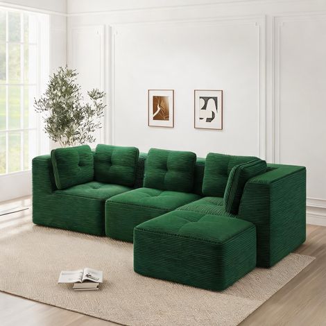 Canapé d'angle en tissu cordon vert modulable sans montage (1/5)