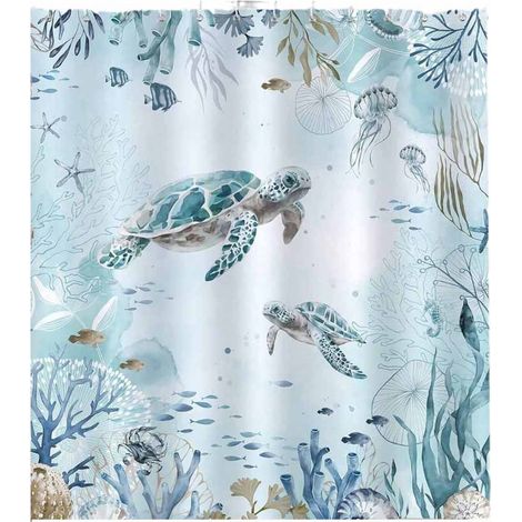Rideau De Douche - Polyester - Imprimé Tortue Et Algues - 180 X 180 Cm - Anti-moisissure - Lavable En Machine (1/5)