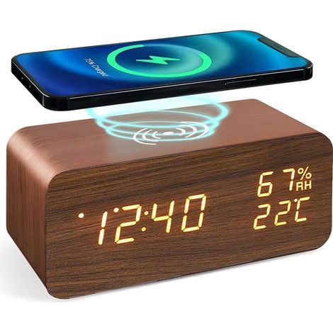 Réveil Charge Sans Câbles : Écran Bois LED Température/Humidité 3 Alarmes Personnalisables Studio/Chambre